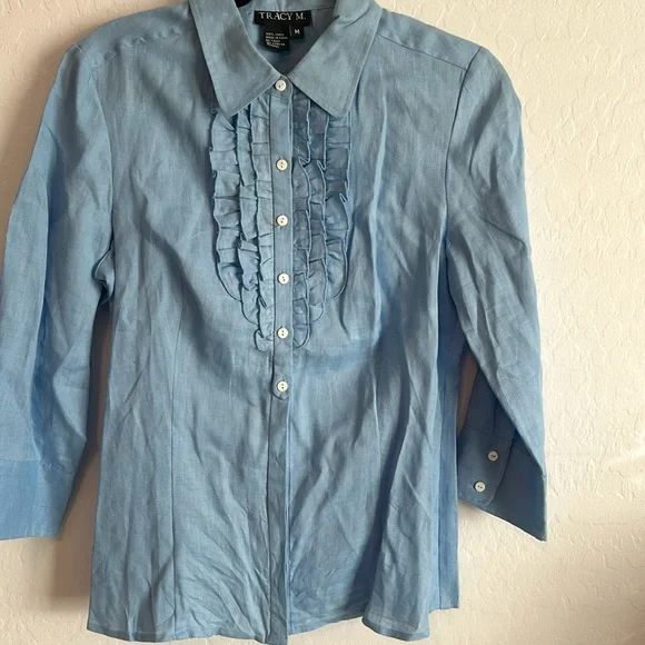 NWOT Vintage 1990s Tracy M Blue Linen 3/4 Sleeves Shirt. - Picture 5 of 6